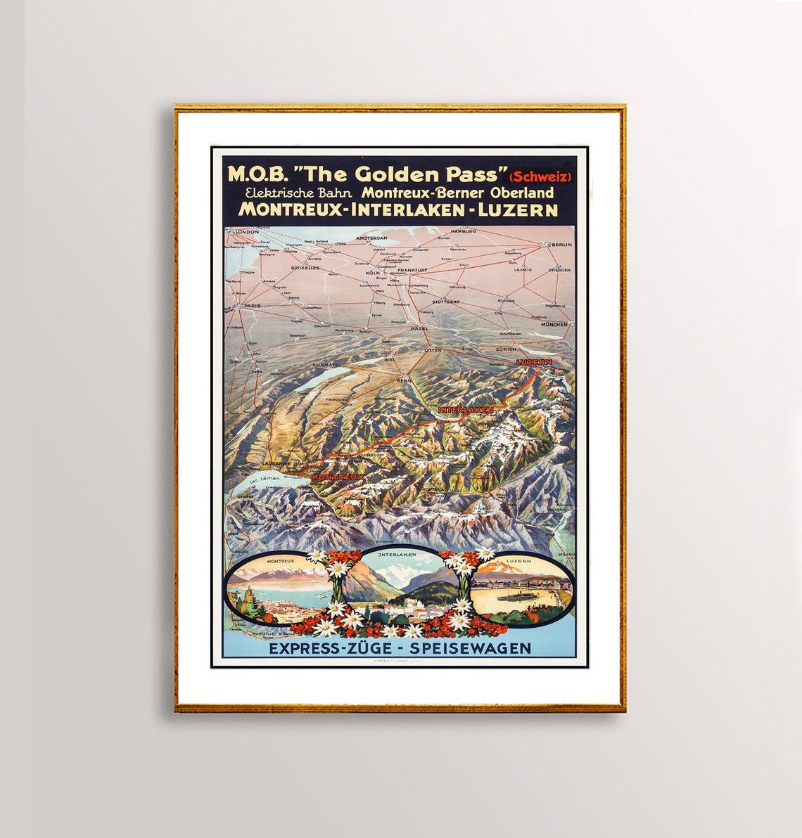 Golden Pass Switzerland Railway Vintage Route Map Travel Poster - Image 3