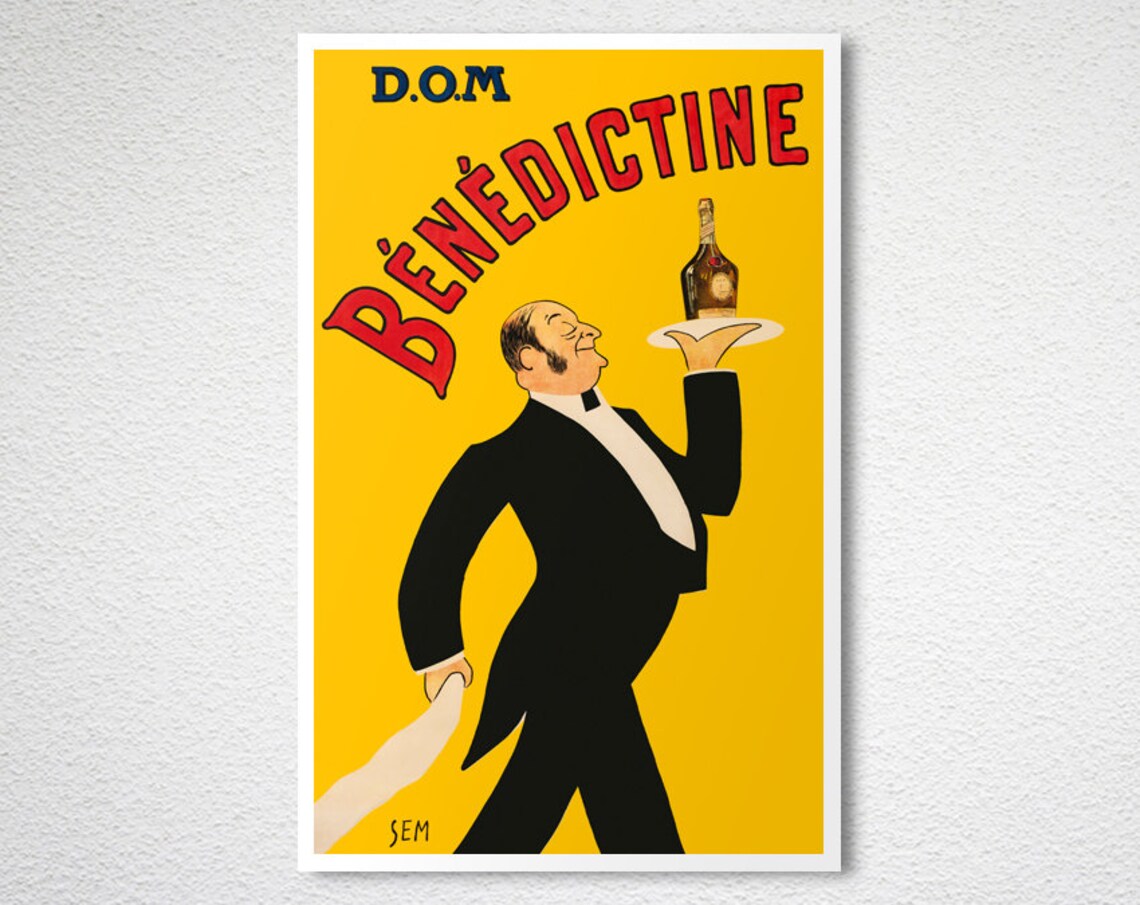 D.O.M Bénédictine Vintage French Liqueur Waiter Yellow Poster - Image 2