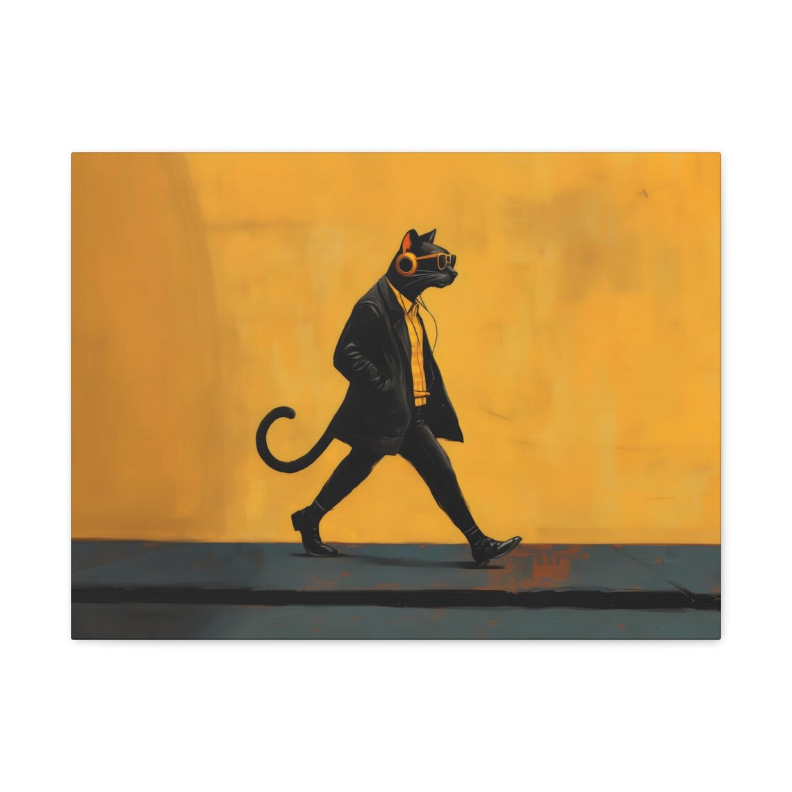 Stylish Black Cat Trench Coat Walking Golden Yellow Animal Portrait Poster - Image 2