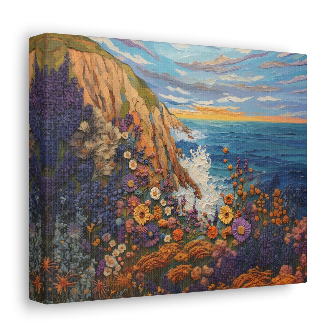 Colorful Impasto Coastal Cliffs Wildflower Oil Painting Print - Image 3