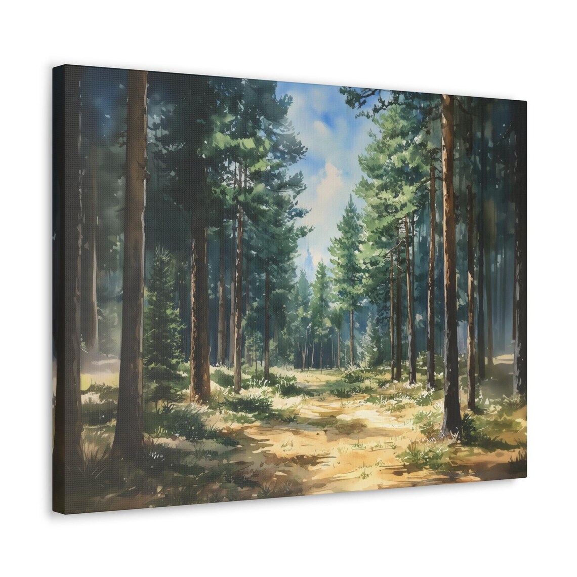 Sunlit Pine Forest Watercolor Painting Tall Trees Woodland Path Poster