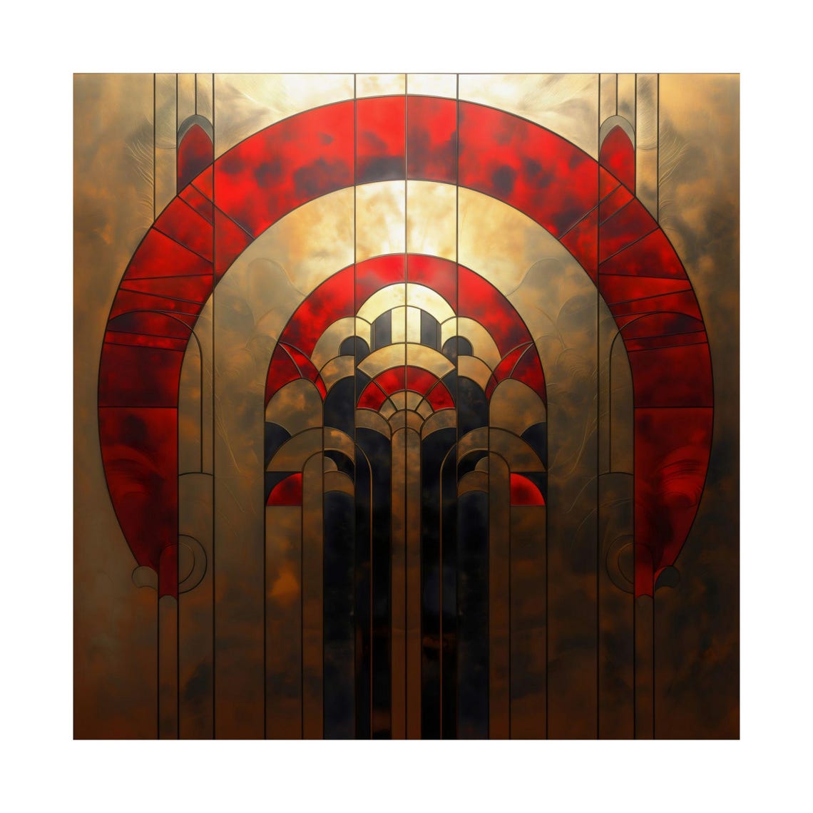Red And Gold Art Deco Stained Glass Arch Window Square Wall Art - Image 3