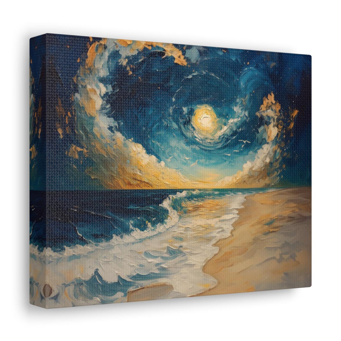 Moonlit Beach Night With Golden Clouds Over Ocean Waves Art Print - Image 2