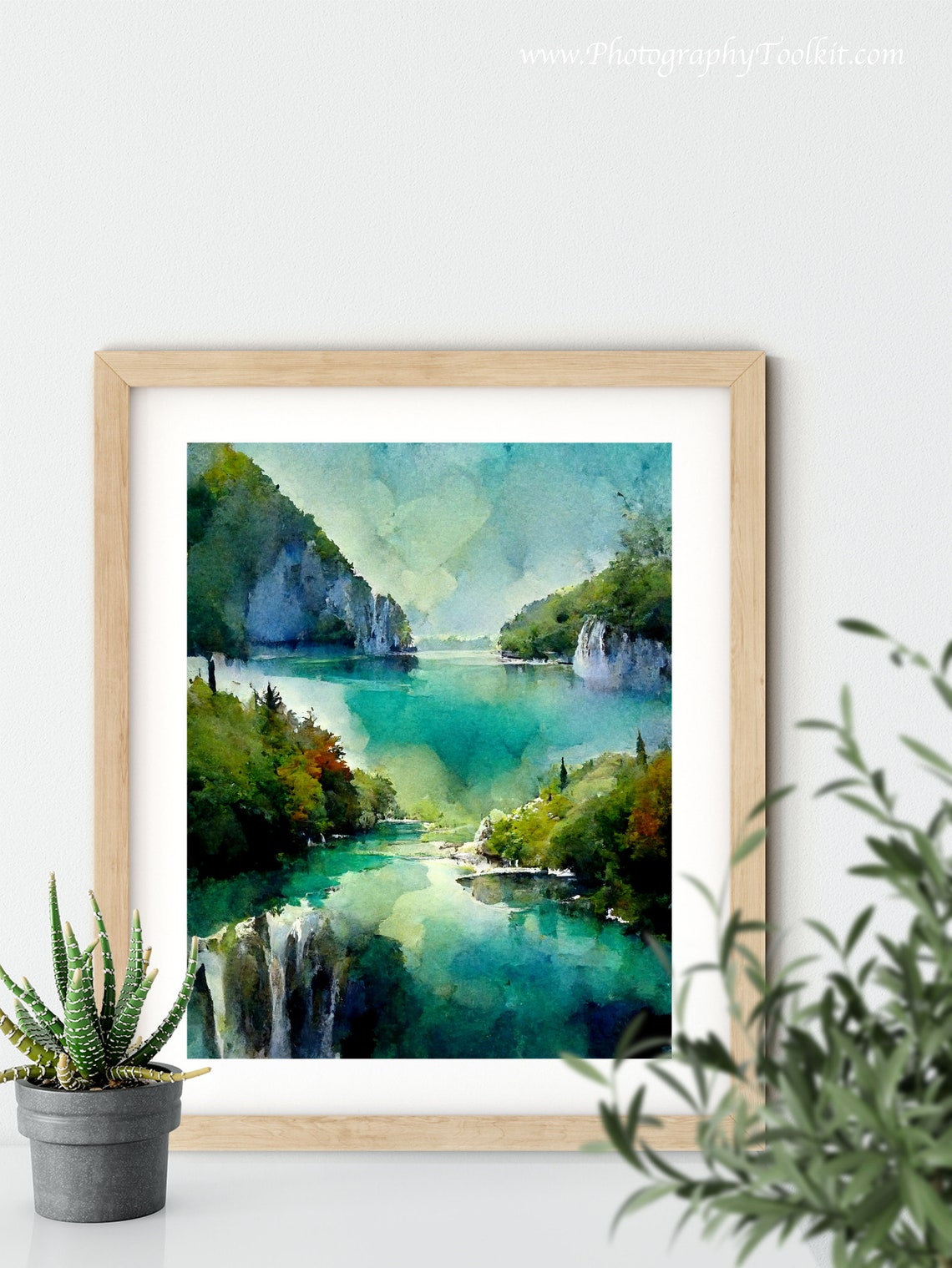 Plitvice Lakes Turquoise Waterfalls Lush Watercolor Scenic Poster - Image 5