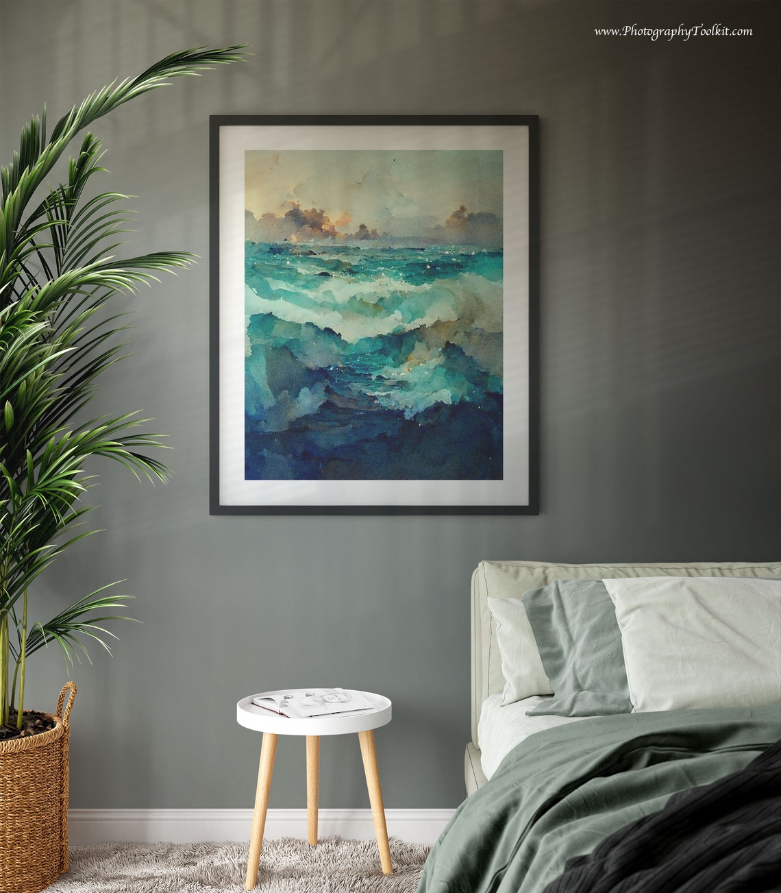 Rolling Ocean Waves Sunlit Clouds Watercolor Teal Sea Art Poster - Image 3