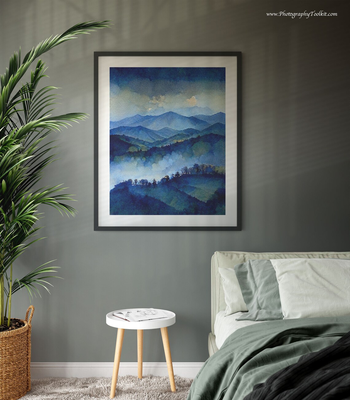 Misty Blue Peaks Watercolor Glowing Clouds Over Foggy Mountain Poster - Image 3