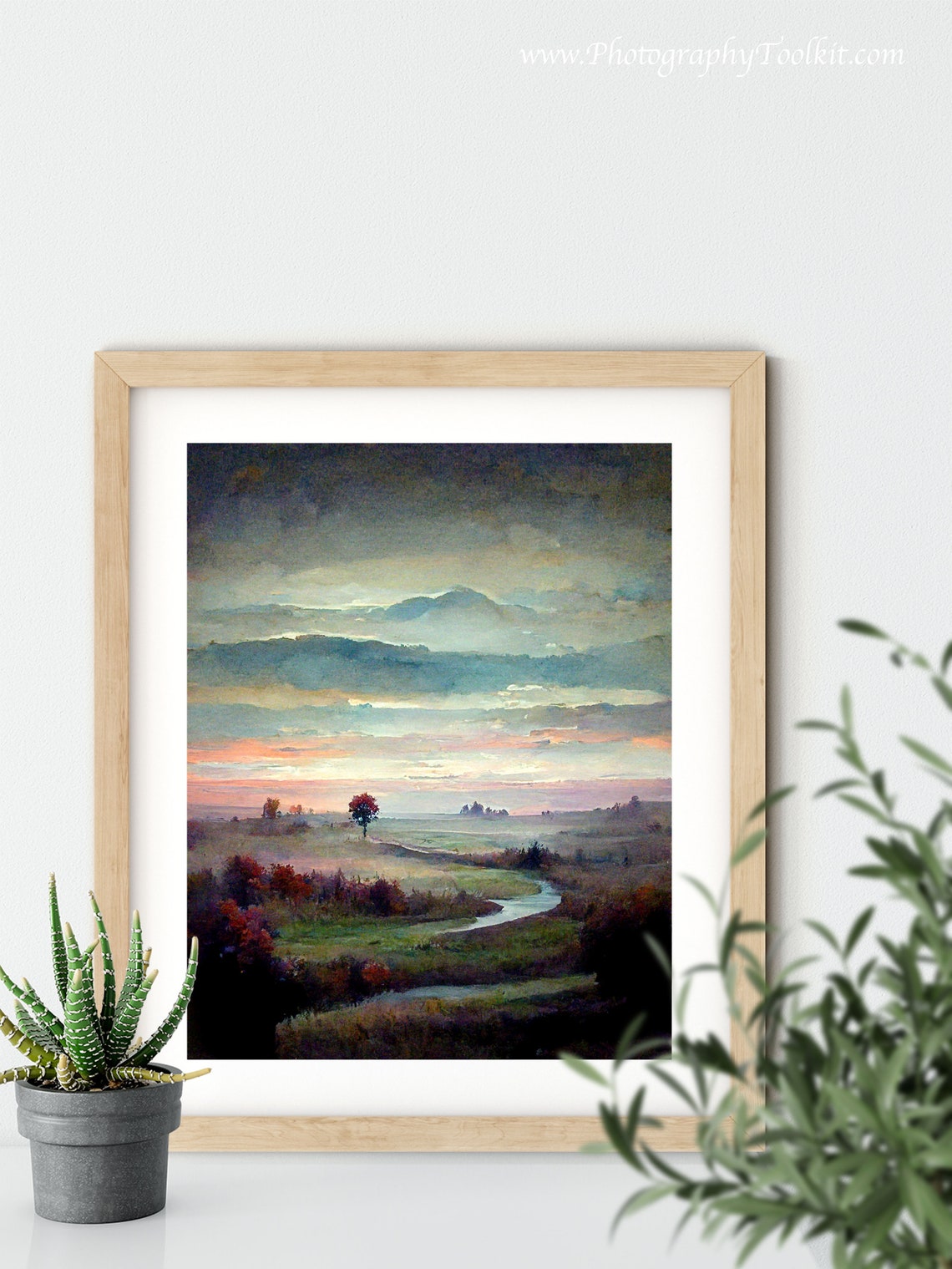 River Valley Sunset Watercolor Rolling Hills Landscape Poster - Image 5