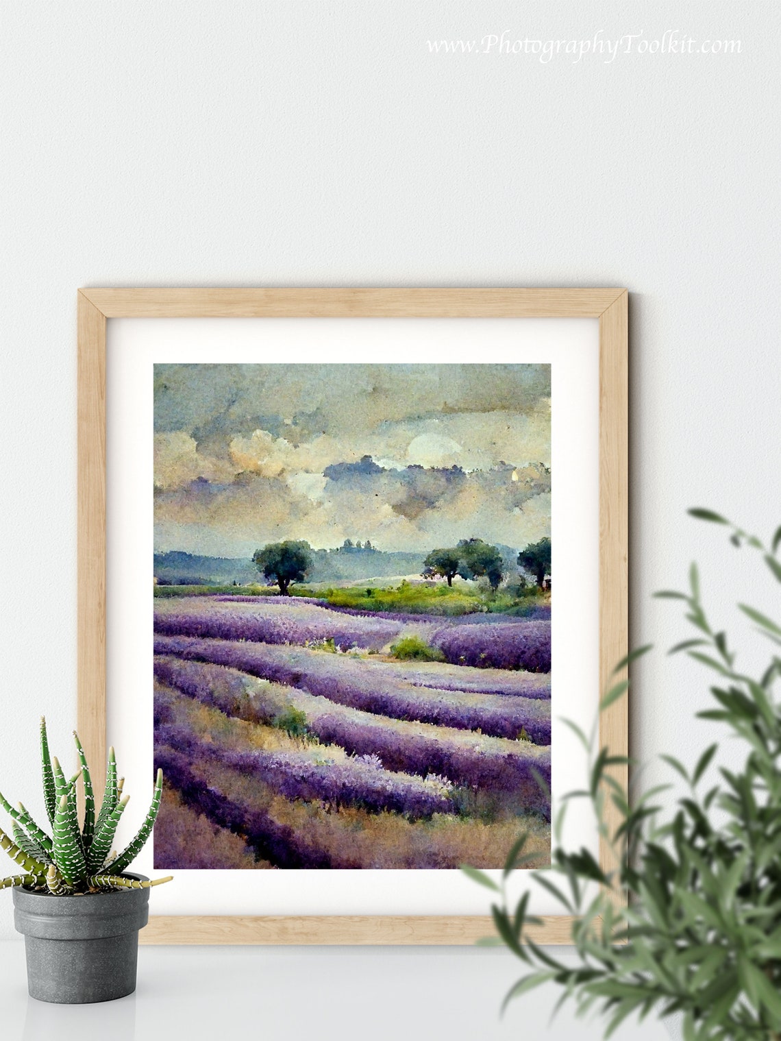 Lavender Field Rows Beneath a Cloudy Moonlit Sky Watercolor Poster - Image 5