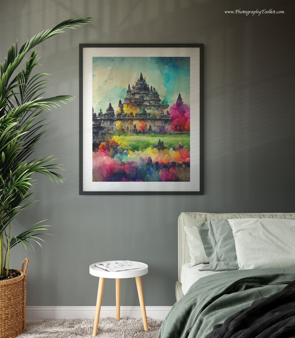 Ancient Temple Spires Garden Vibrant Colorful Sky Watercolor Poster - Image 3