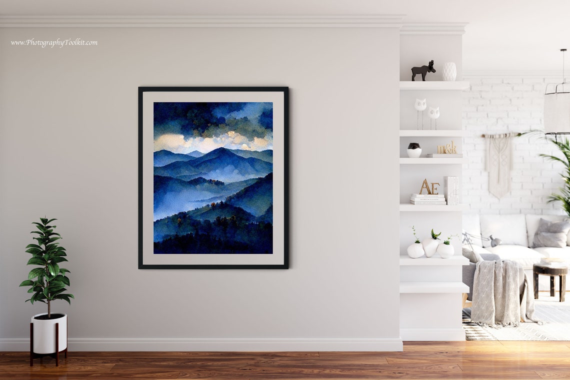 Misty Mountains Under Storm Clouds Watercolor Blue Peaks Moody Poster - Image 4