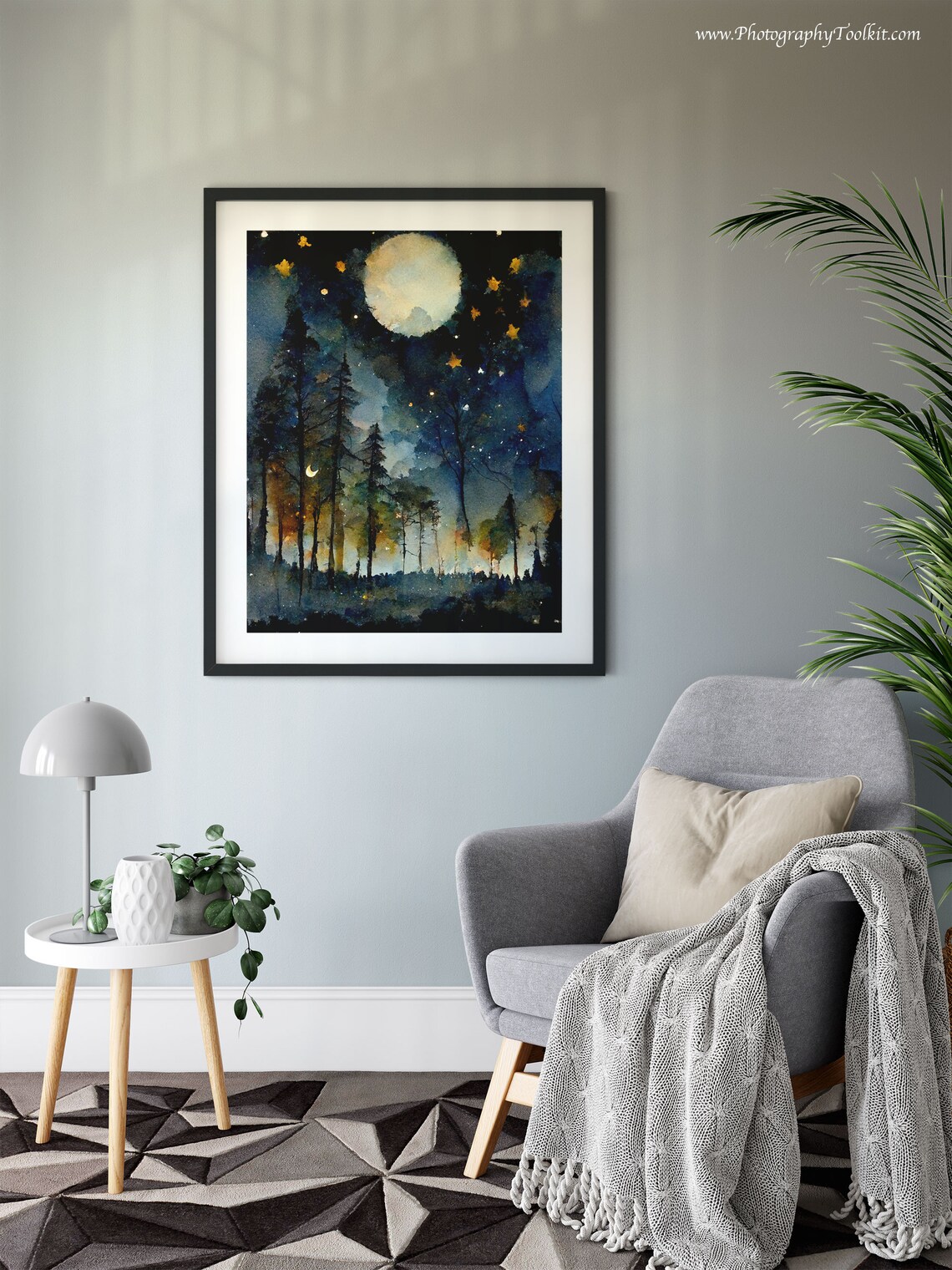 Golden Stars Full Moon Night Forest Watercolor Celestial Sky Poster - Image 6