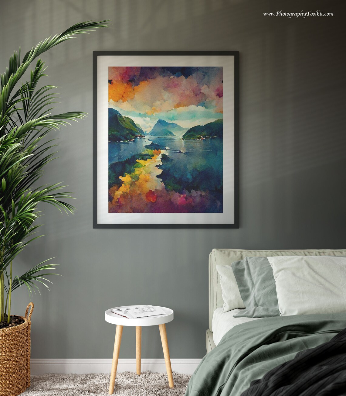 Norwegian Fjord Sunset Reflection Colorful Sky Watercolor Poster - Image 3