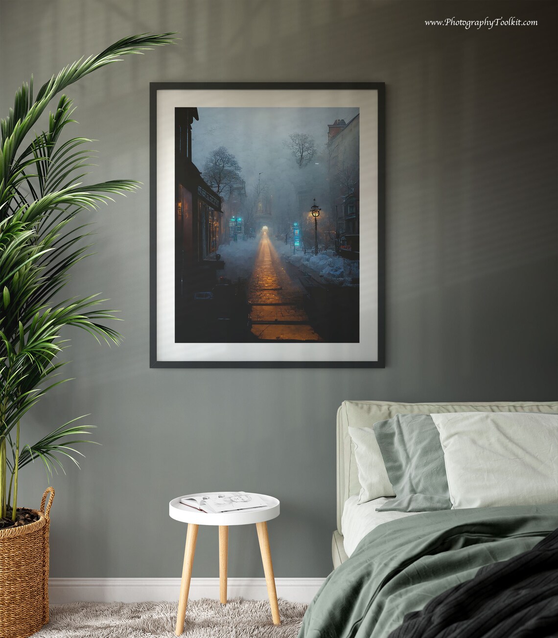 Snowy City Street At Night Lamp Light Winter Evening Scene Poster - Image 3