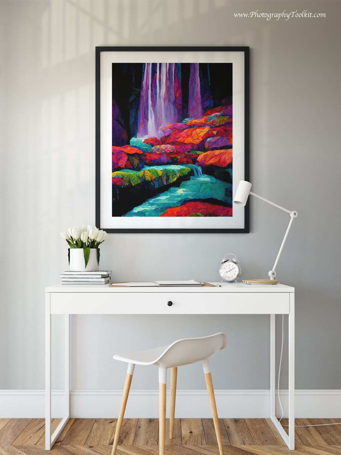 Neon Waterfall Over Colorful Rocks in Bold Abstract Painting Poster - Image 2