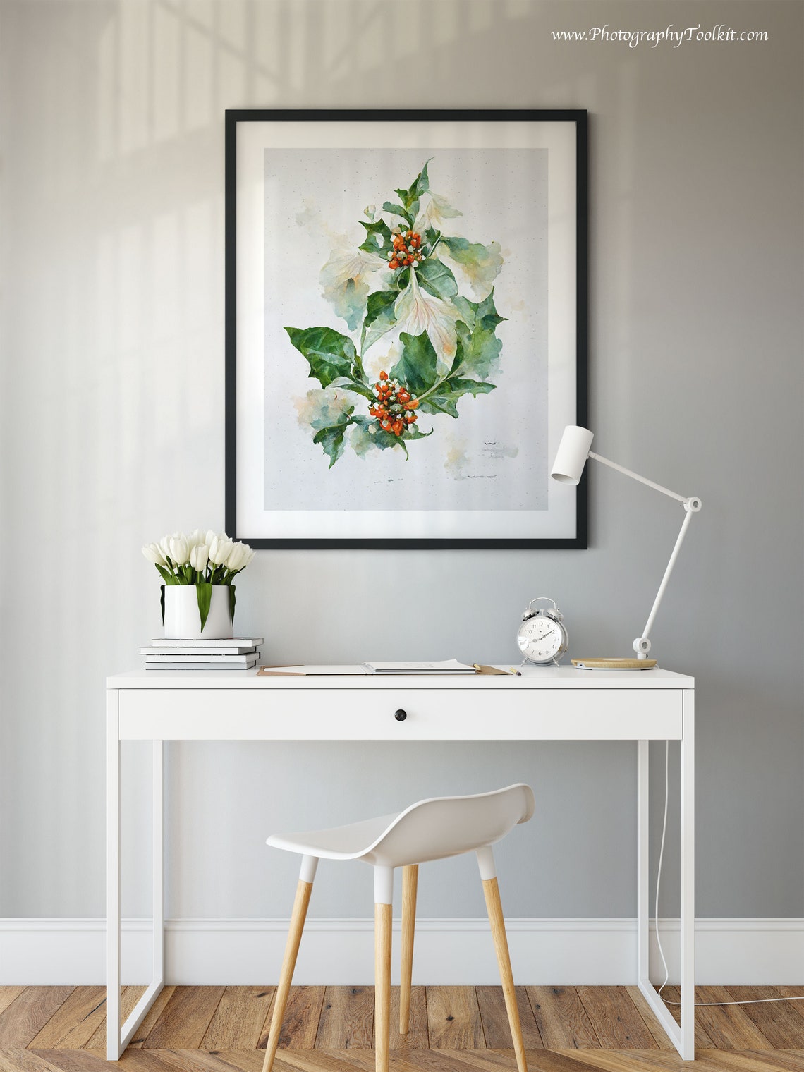 Winter Holly with Orange Berries Watercolor Botanical Art Poster - Image 2