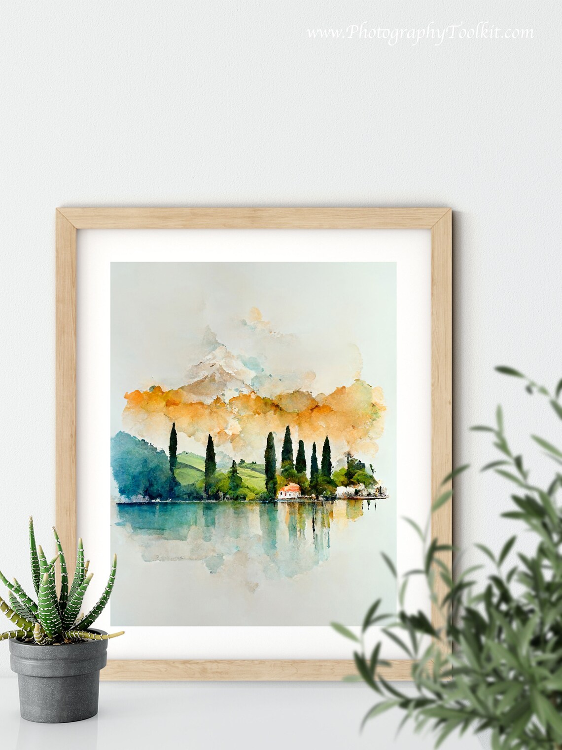 Watercolor Lake Cypress Trees Lakeside Village Soft Pastel Landscape Print - Image 5