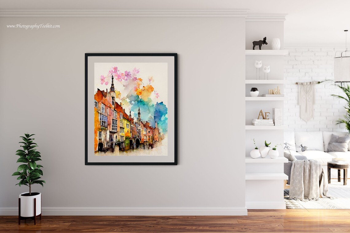 Bruges Belgium Canal Houses Spires Pink Blossom Watercolor Poster - Image 4