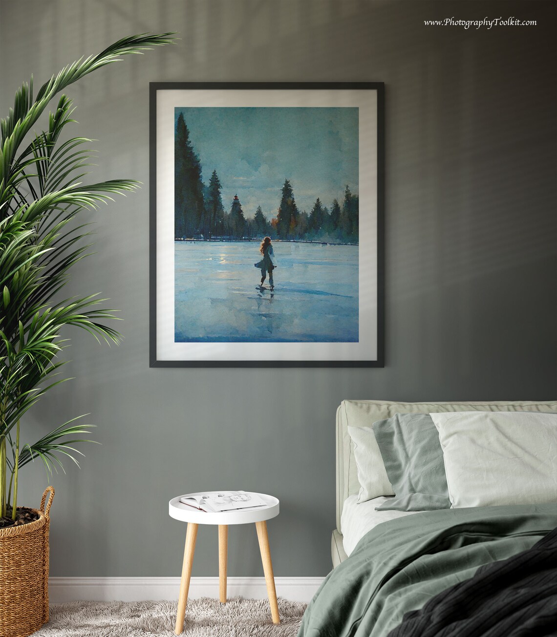 Woman Ice Skating on Frozen Lake Pine Trees Winter Scene Poster - Image 3