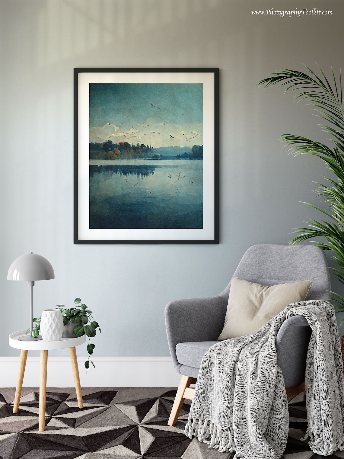 Birds Over Calm Blue Lake Watercolor Tranquil Nature Scene Poster - Image 6