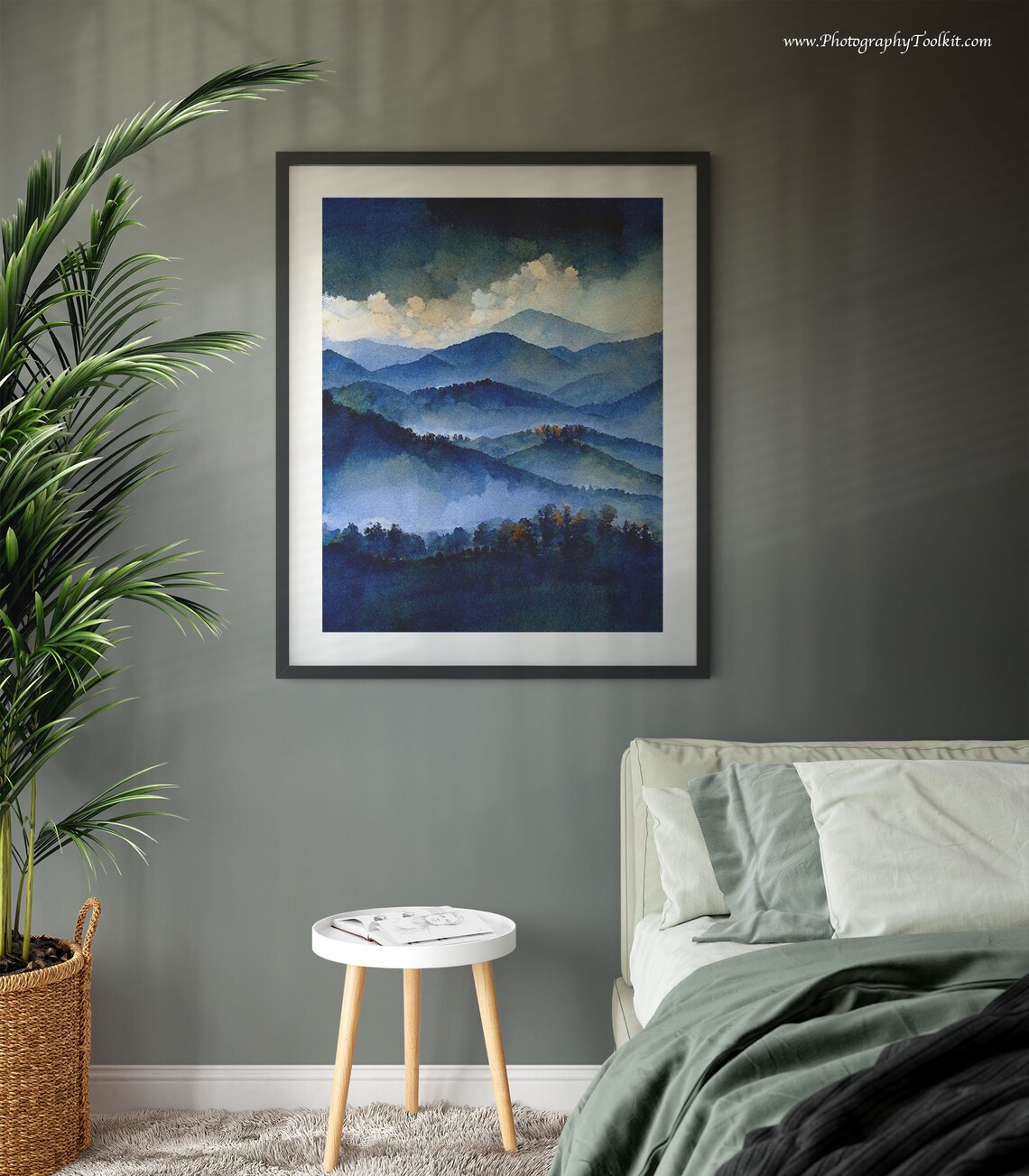 Misty Mountain Layers Blue Watercolor Foggy Peaks Calm Scenic Poster - Image 3