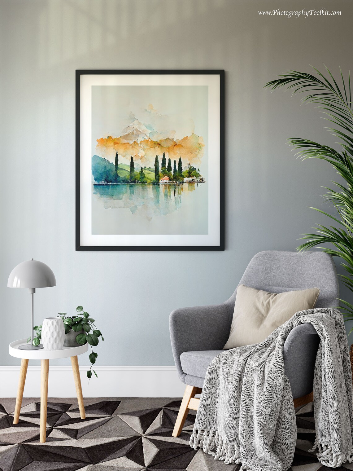 Watercolor Lake Cypress Trees Lakeside Village Soft Pastel Landscape Print - Image 6