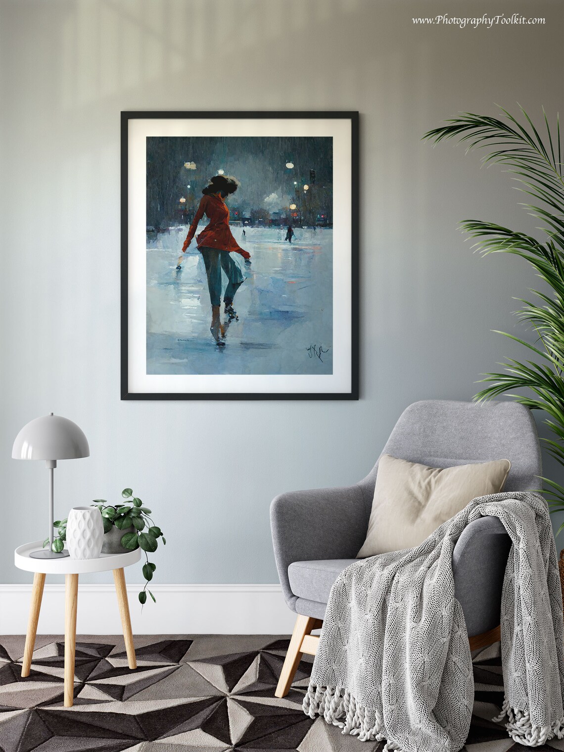 Woman Gliding on a Night Ice Rink Under City Lights Painting Poster - Image 6