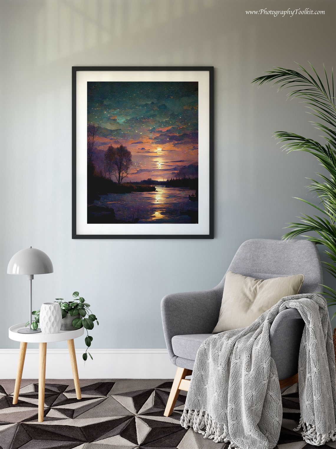 Full Moon Night Sky Starry Lake Reflection Watercolor Art Poster - Image 6