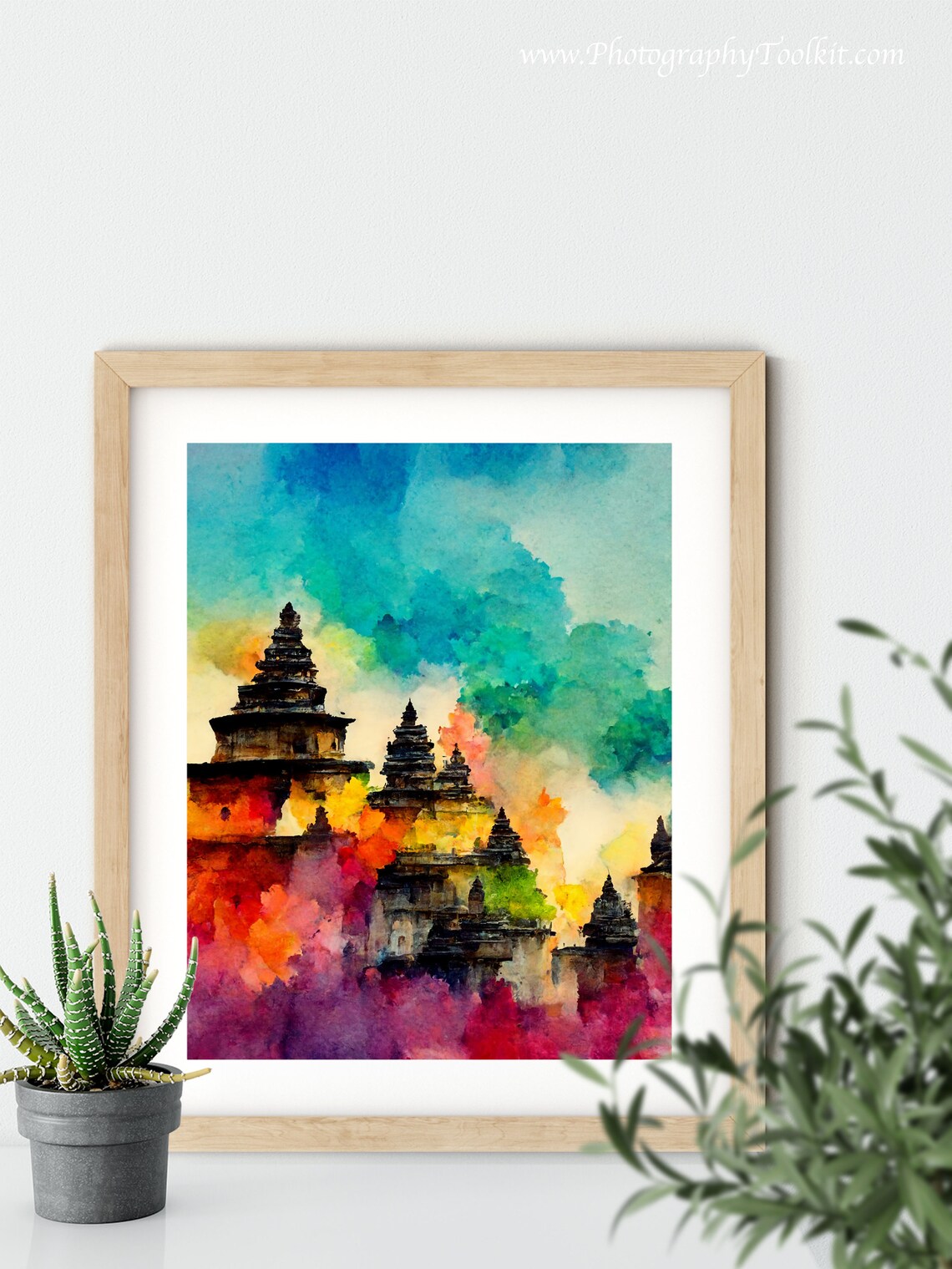 Ancient Stone Temple Spires Vibrant Magenta Sky Watercolor Poster - Image 5