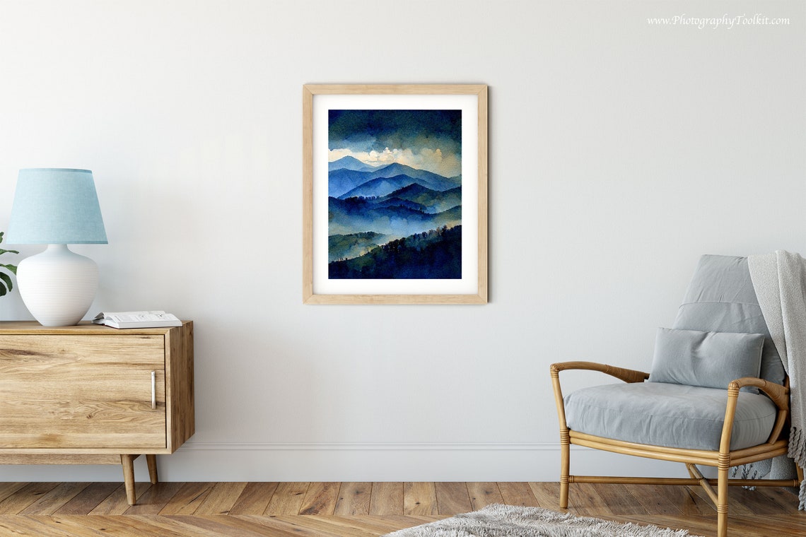 Misty Blue Mountains Watercolor Night Sky Clouds Over Peaks Art Poster - Image 2