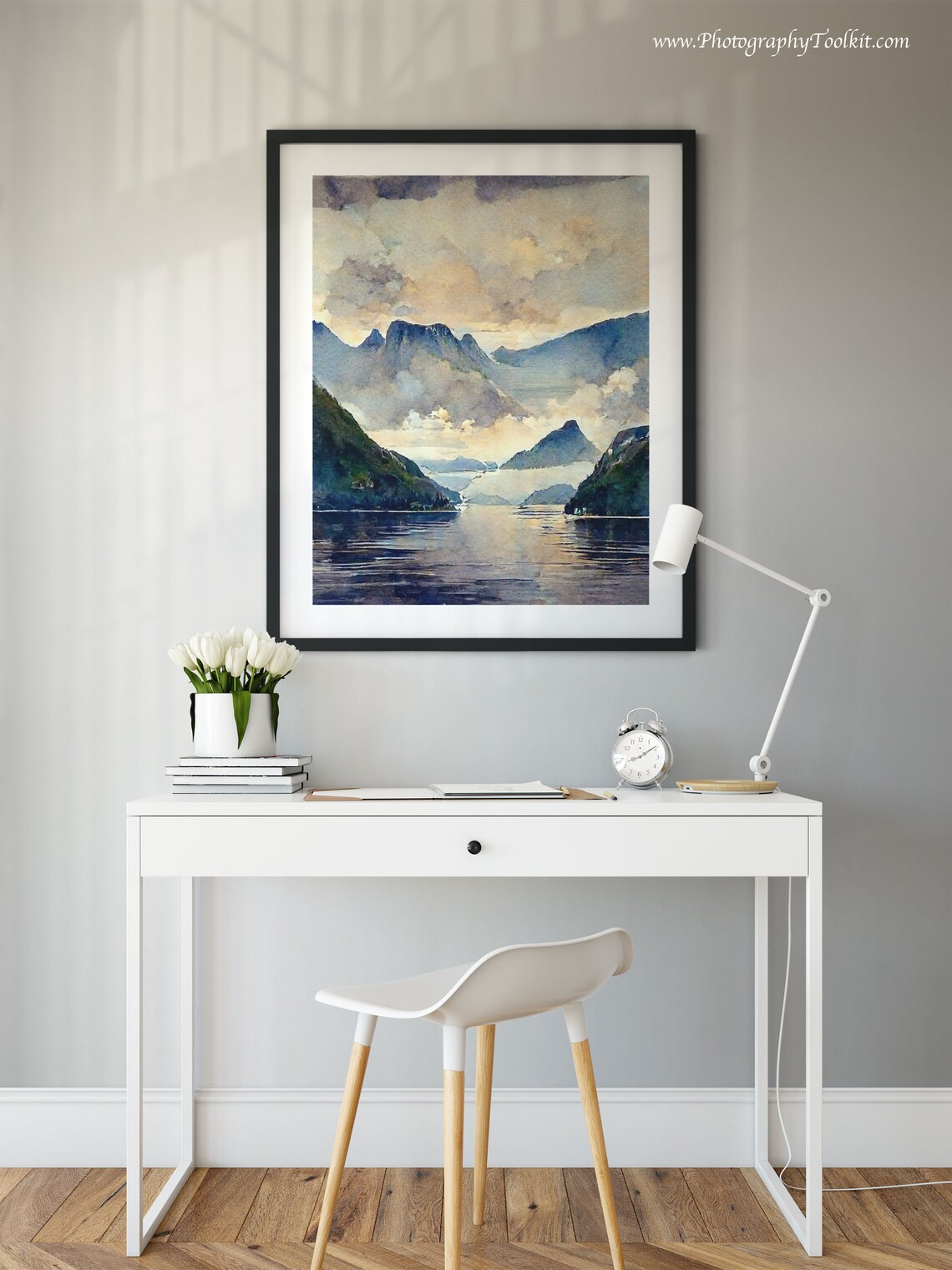 Norwegian Fjord Misty Peaks Still Water Watercolor Travel Poster - Image 2