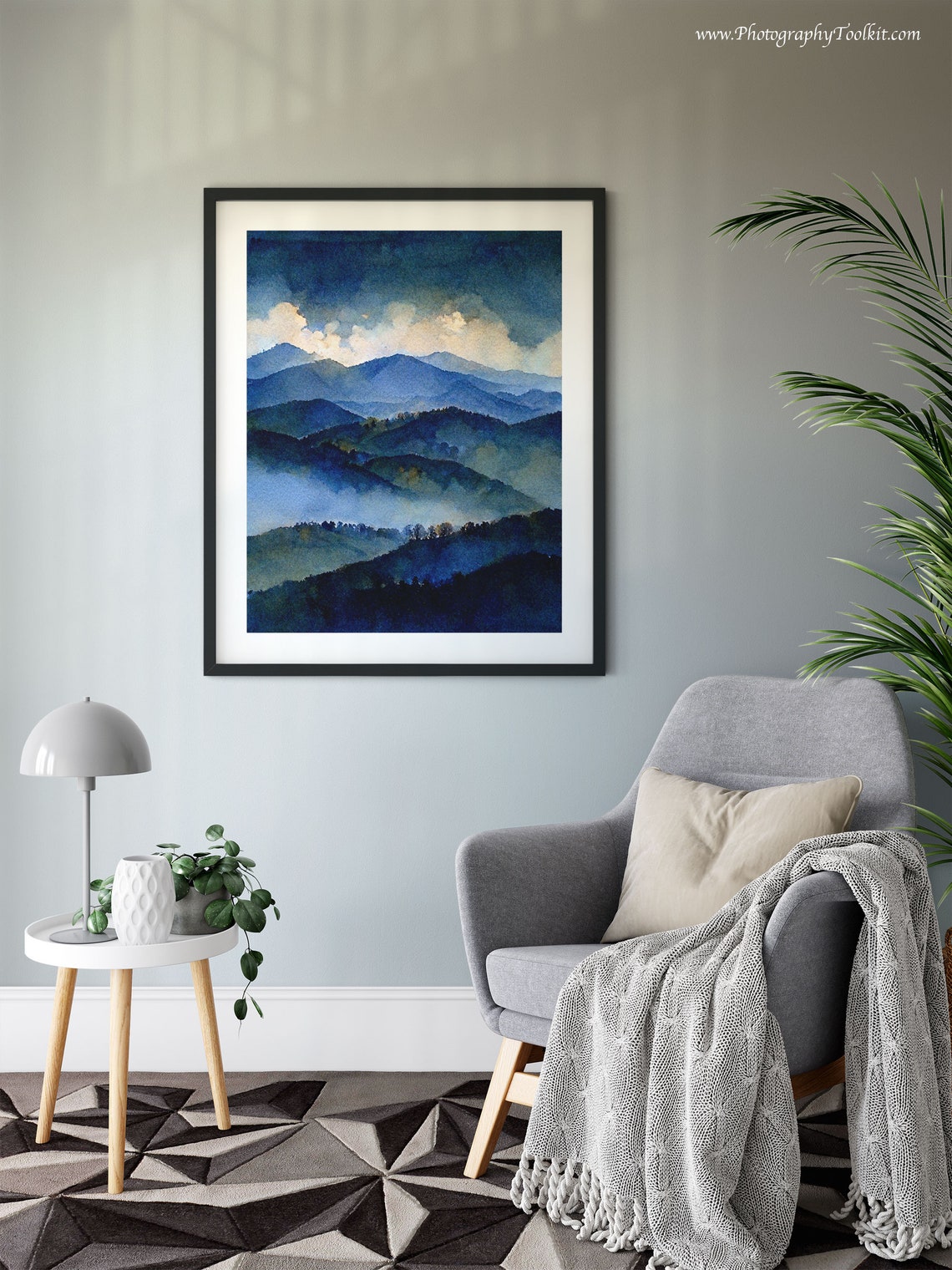 Misty Blue Mountain Layers Watercolor Foggy Peaks Serene Art Poster - Image 6