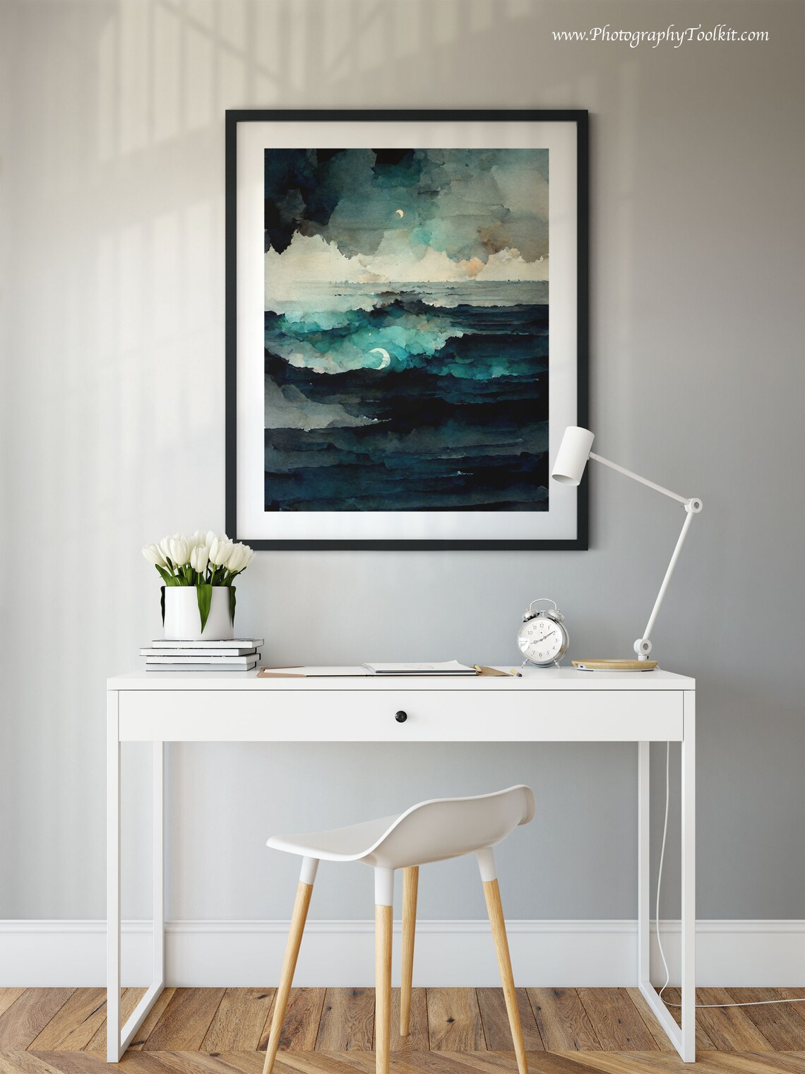 Dark Moonlit Ocean Waves Night Sea Watercolor Moody Coastal Poster - Image 2