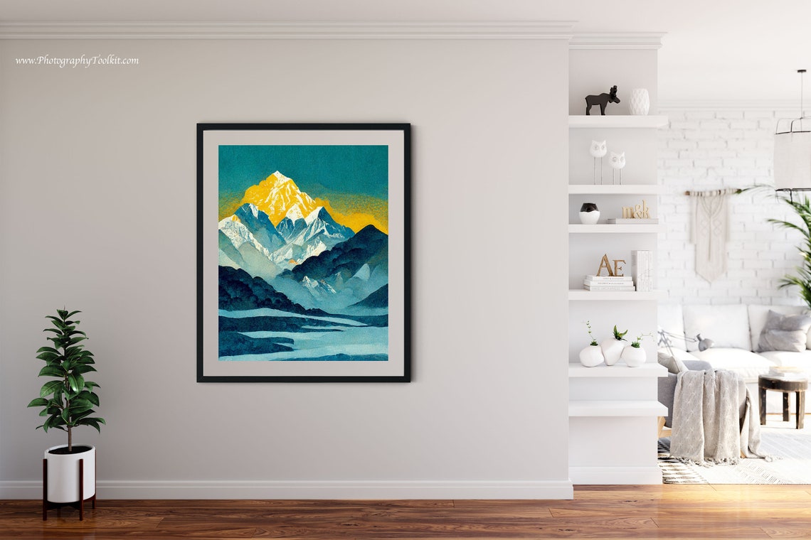Mount Everest Golden Summit Snowy Peak Teal Blue Watercolor Print - Image 4