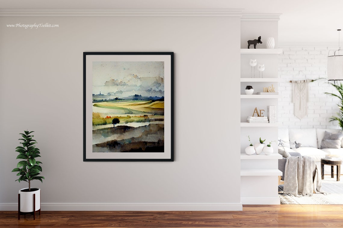 Quiet Fields Lone Tree Muted Sky Watercolor Landscape Poster - Image 4