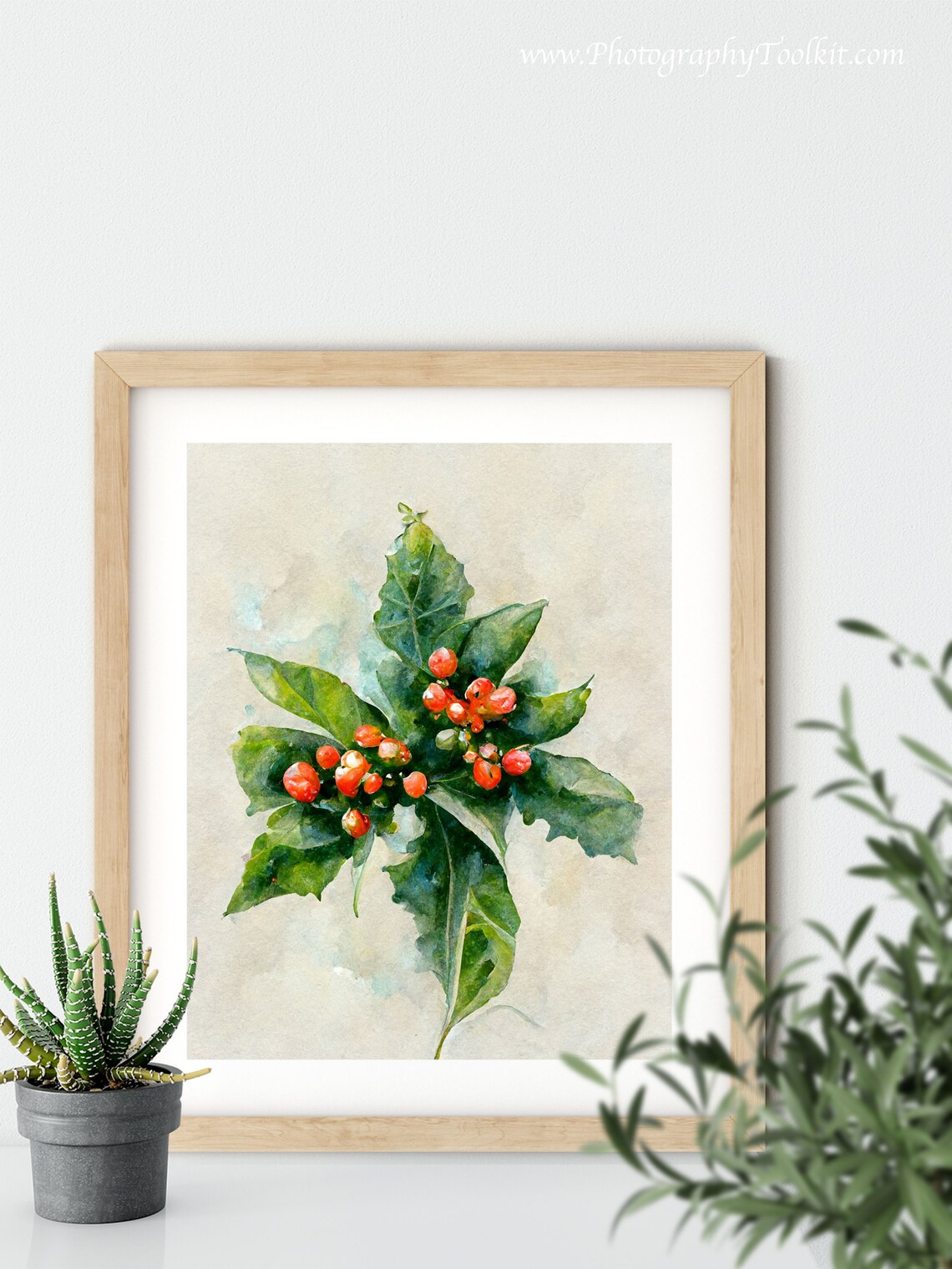 Red Berries and Green Holly Leaves Watercolor Botanical Art Poster - Image 5