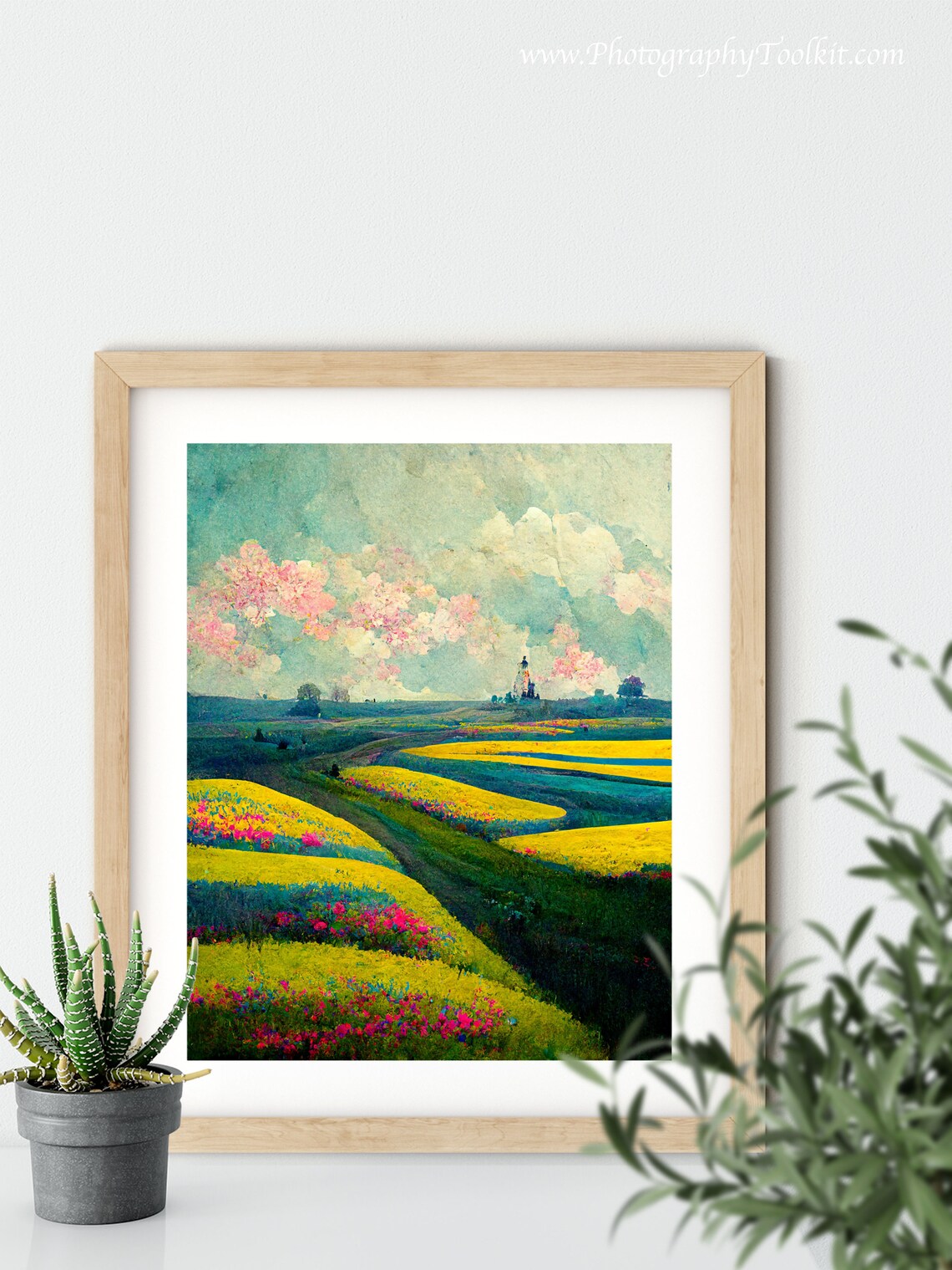 Yellow and Pink Flower Fields Under Blossom Clouds Impressionist Poster - Image 5