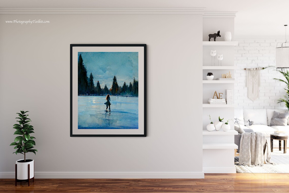 Woman Ice Skating on Frozen Lake Pine Trees Winter Scene Poster - Image 4