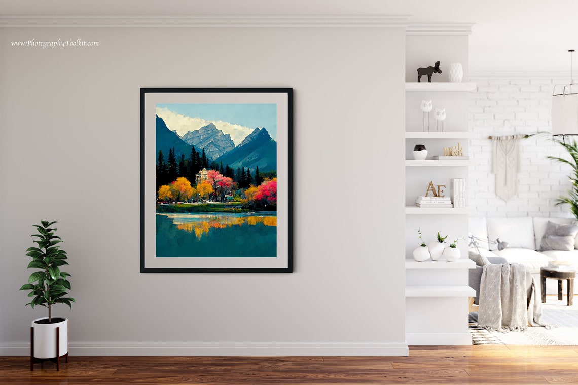 Banff Autumn Village Lake Art Colorful Fall Trees Mountain View Print - Image 4