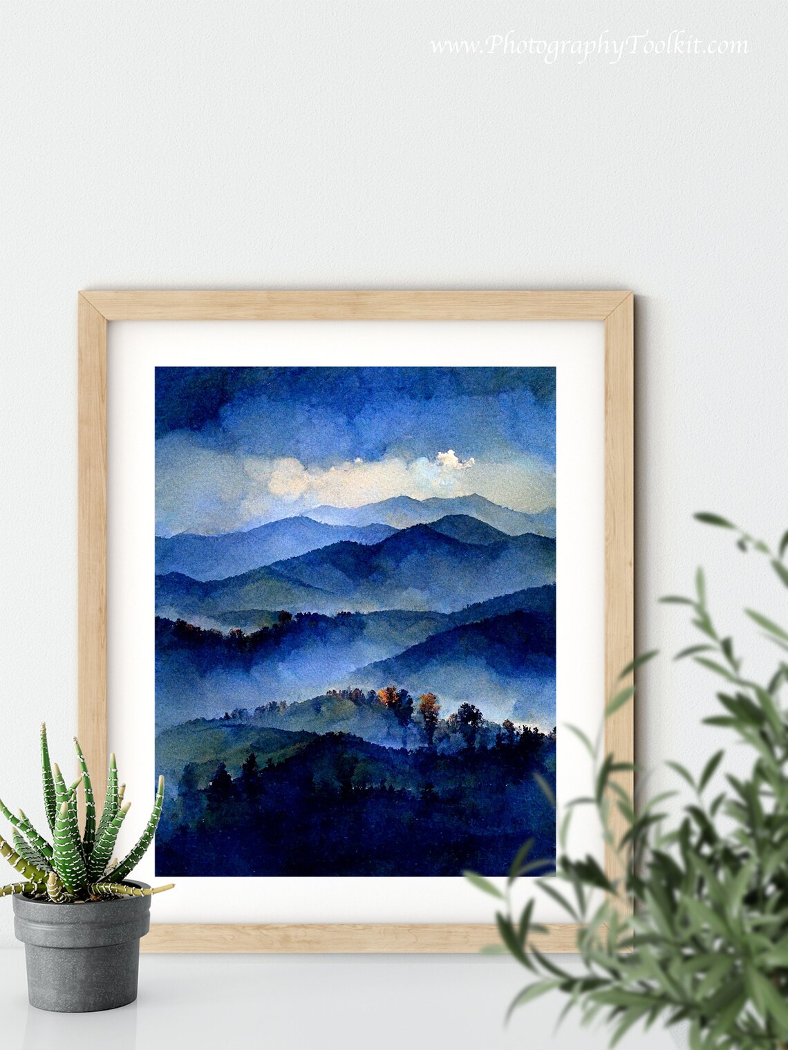 Misty Blue Mountain Watercolor Foggy Ridge Peaceful Nature Art Poster - Image 5
