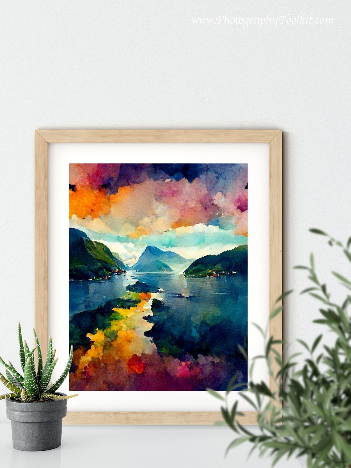 Norwegian Fjord Sunset Reflection Colorful Sky Watercolor Poster - Image 5