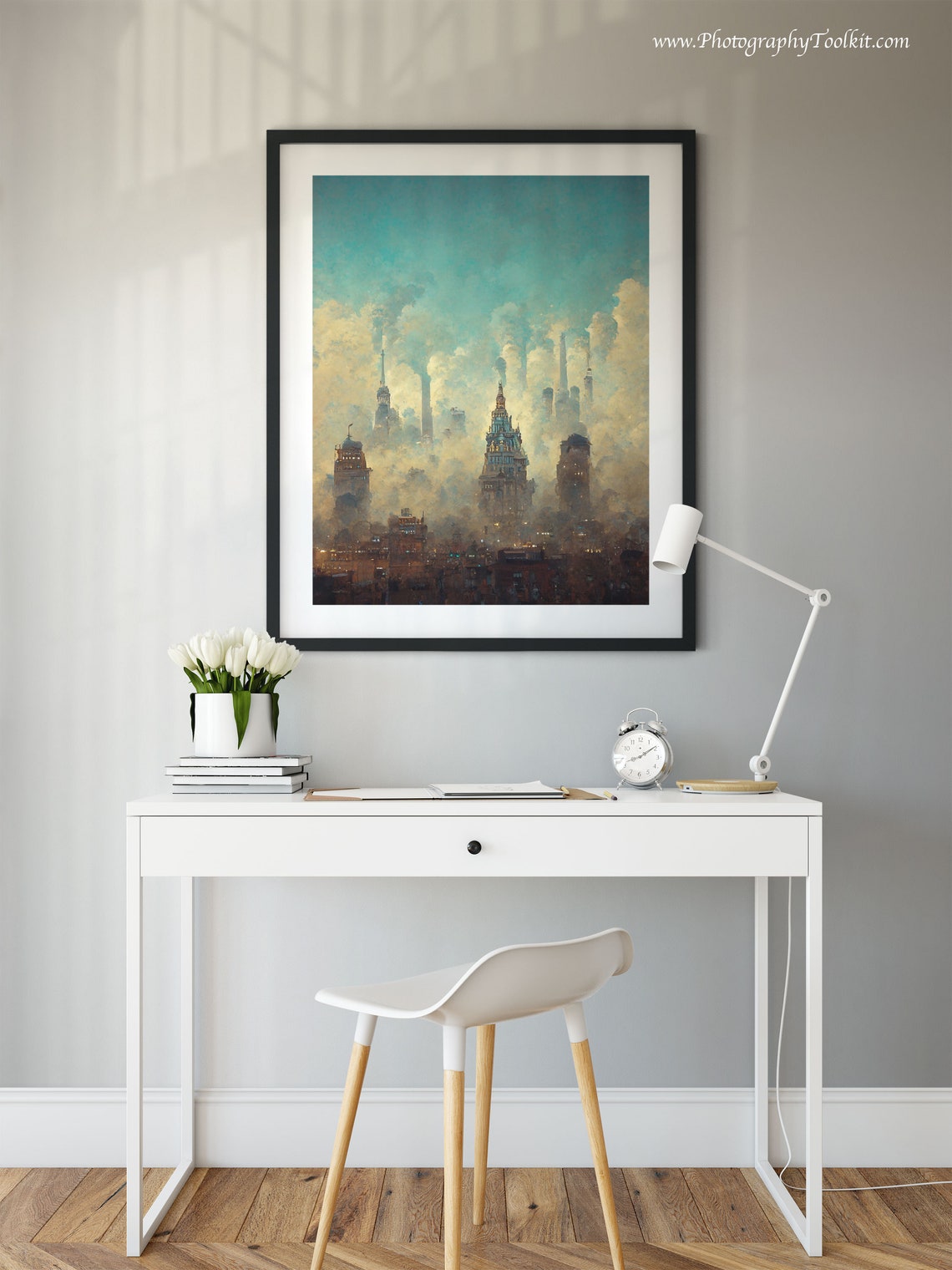 Misty City Skyline Towers in Clouds Vintage Urban Dreamscape Poster - Image 2