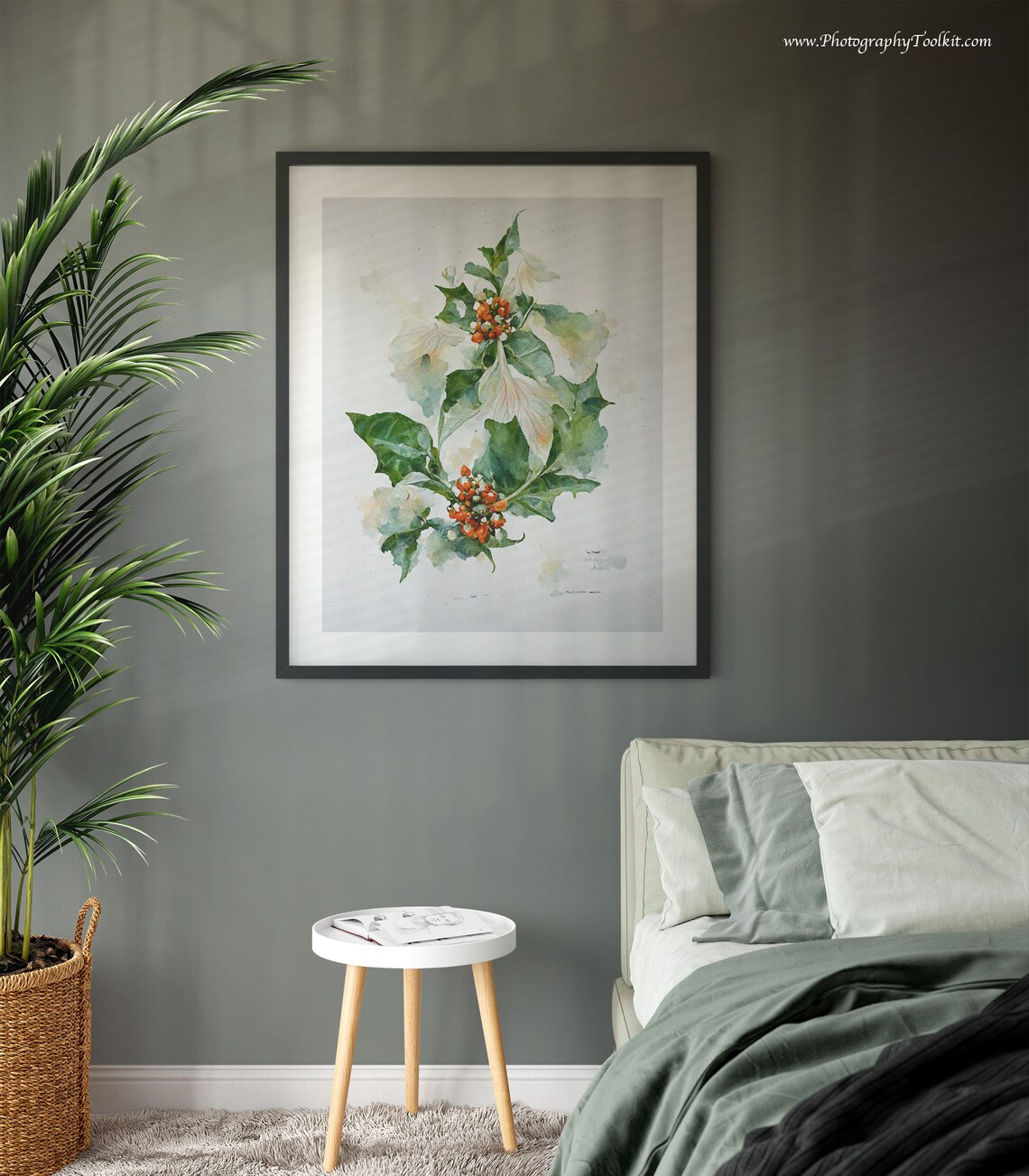 Winter Holly with Orange Berries Watercolor Botanical Art Poster - Image 3