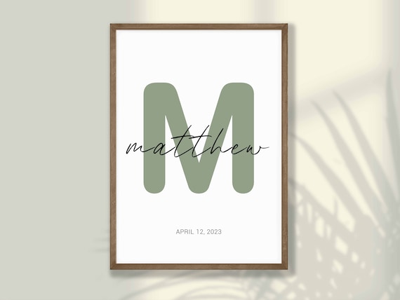 Personalized Baby Name Matthew Sage Green Monogram Nursery Print