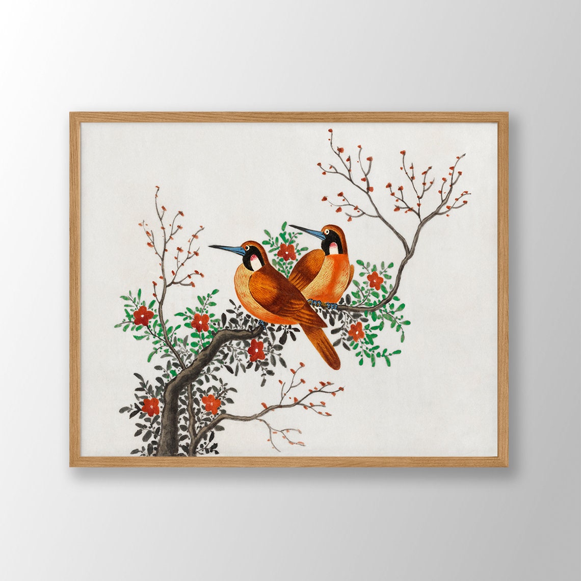 Vintage Bird Pair Flowering Branch Ink Wash Botanical Poster