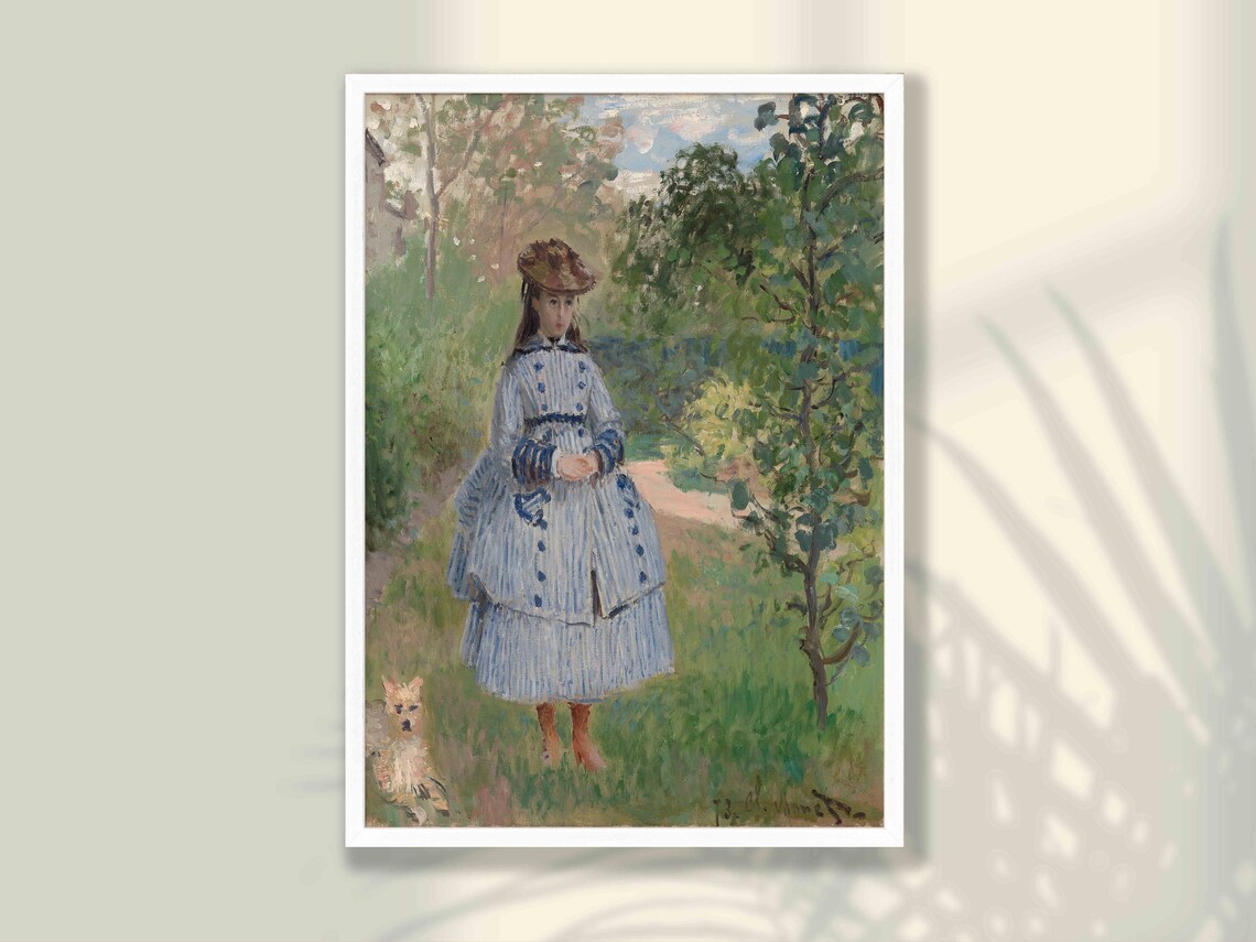 Claude Monet Girl With Dog Blue Dress Garden Impressionist Art Print
