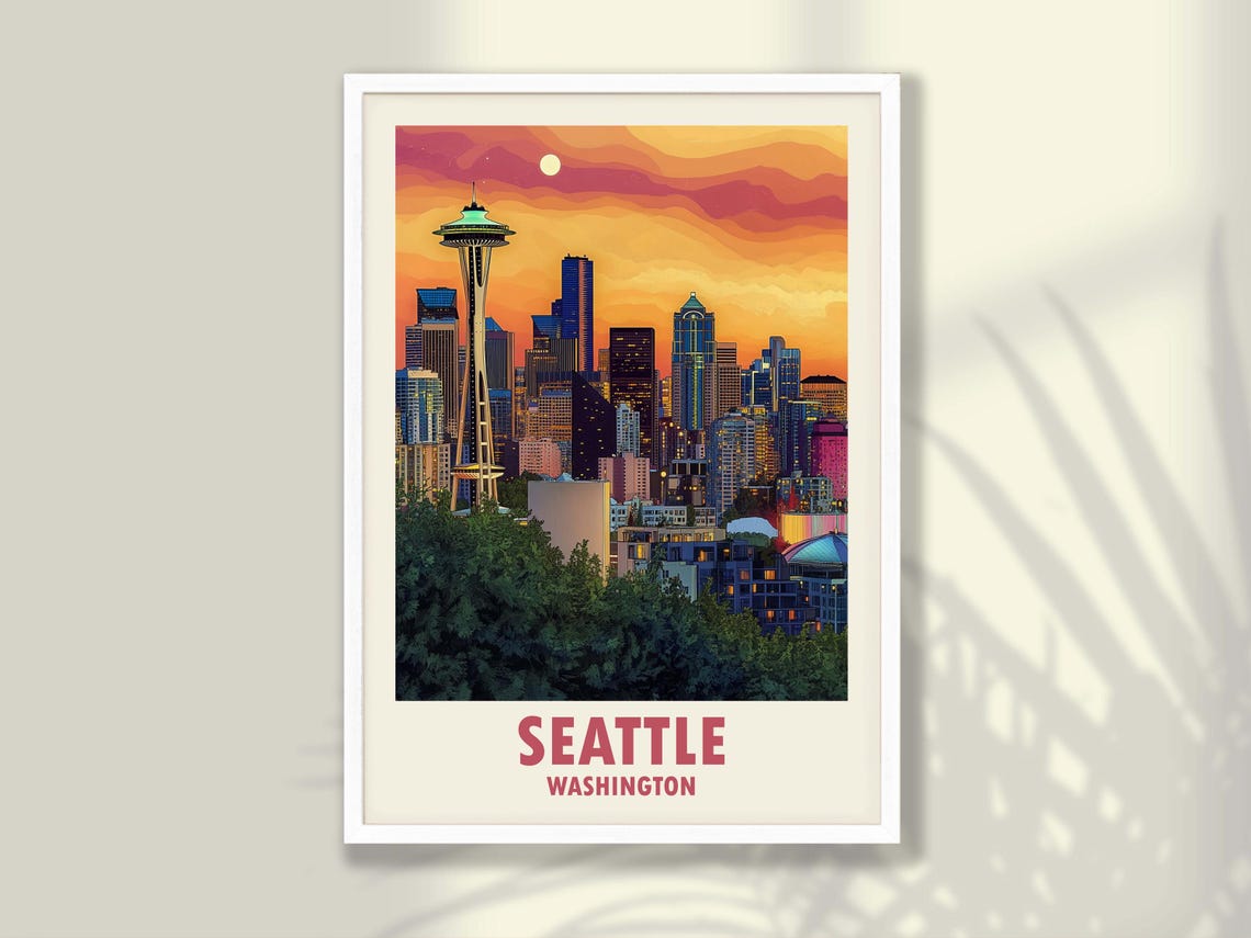 Seattle Washington Space Needle Sunset Skyline Travel Poster