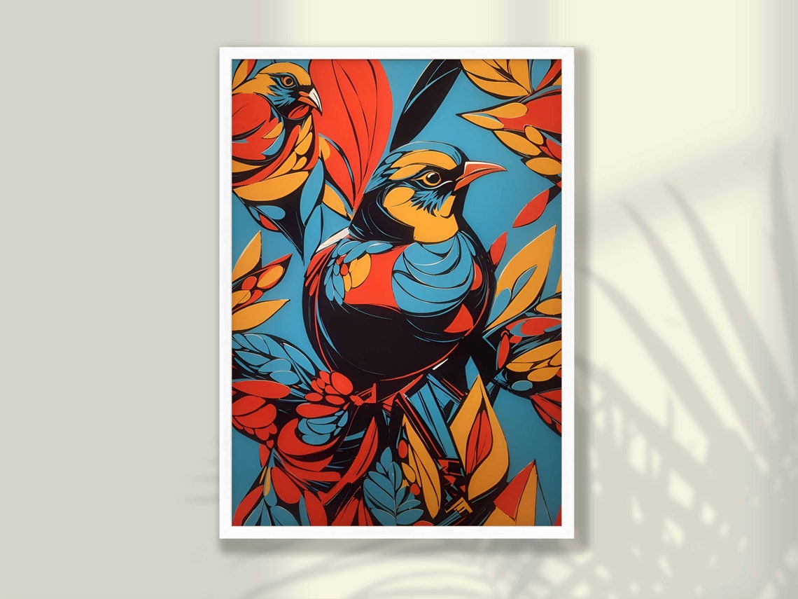 Pair of Songbirds Colorful Leaves Bold Pop Illustration Poster