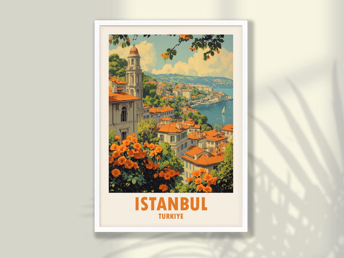 Istanbul Turkiye Bosphorus Cityscape Orange Bougainvillea Poster