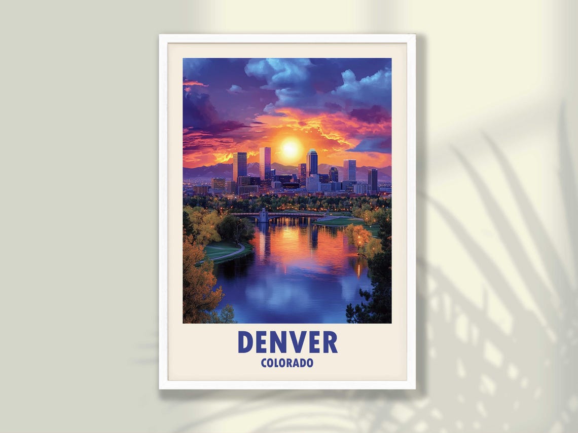 Denver Colorado Sunset Skyline Lake Reflection Vivid Sky Travel Poster