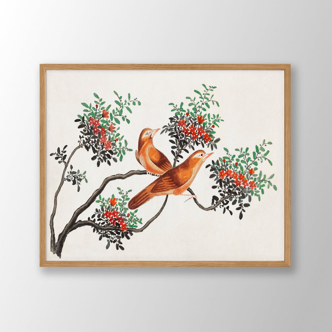 Vintage Brown Songbirds Botanical Ink Wash Ornithology Poster